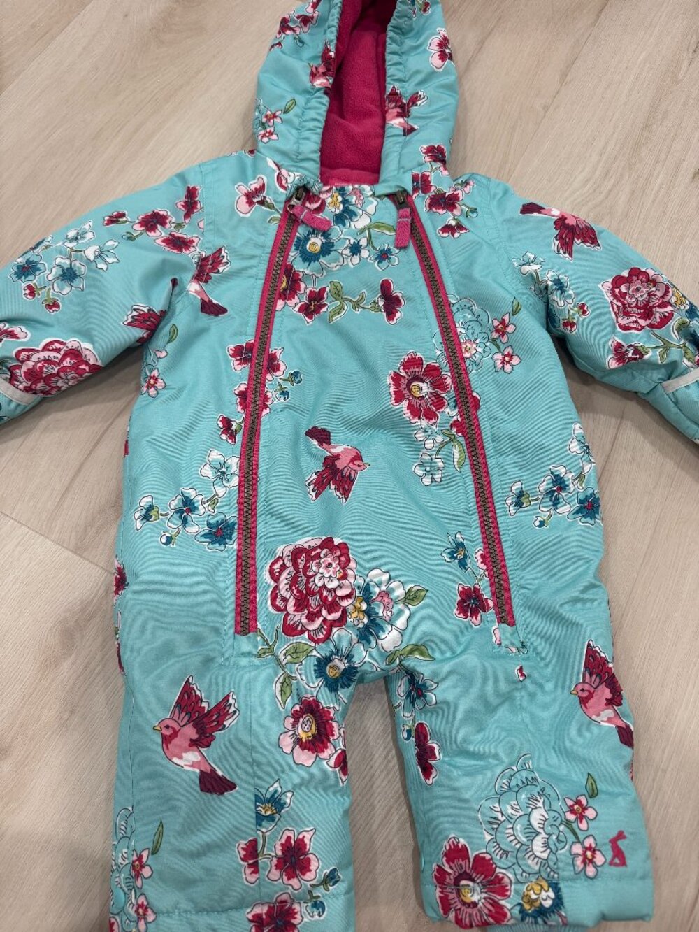 Joules Floral Bird Print Hooded Pramsuit Snowsuit Fleece Lined 3-6M